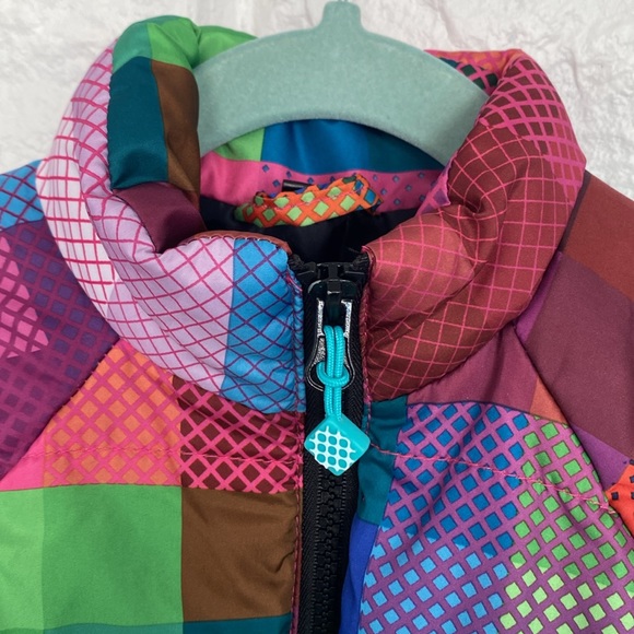 Puffer style jacket with patchwork look fabric front zipper two front pockets - Picture 3 of 12